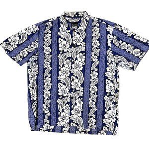 Honolulu Harbor Blue and White Floral Print Men's Short Sleeve Hawaiian Shirt XL